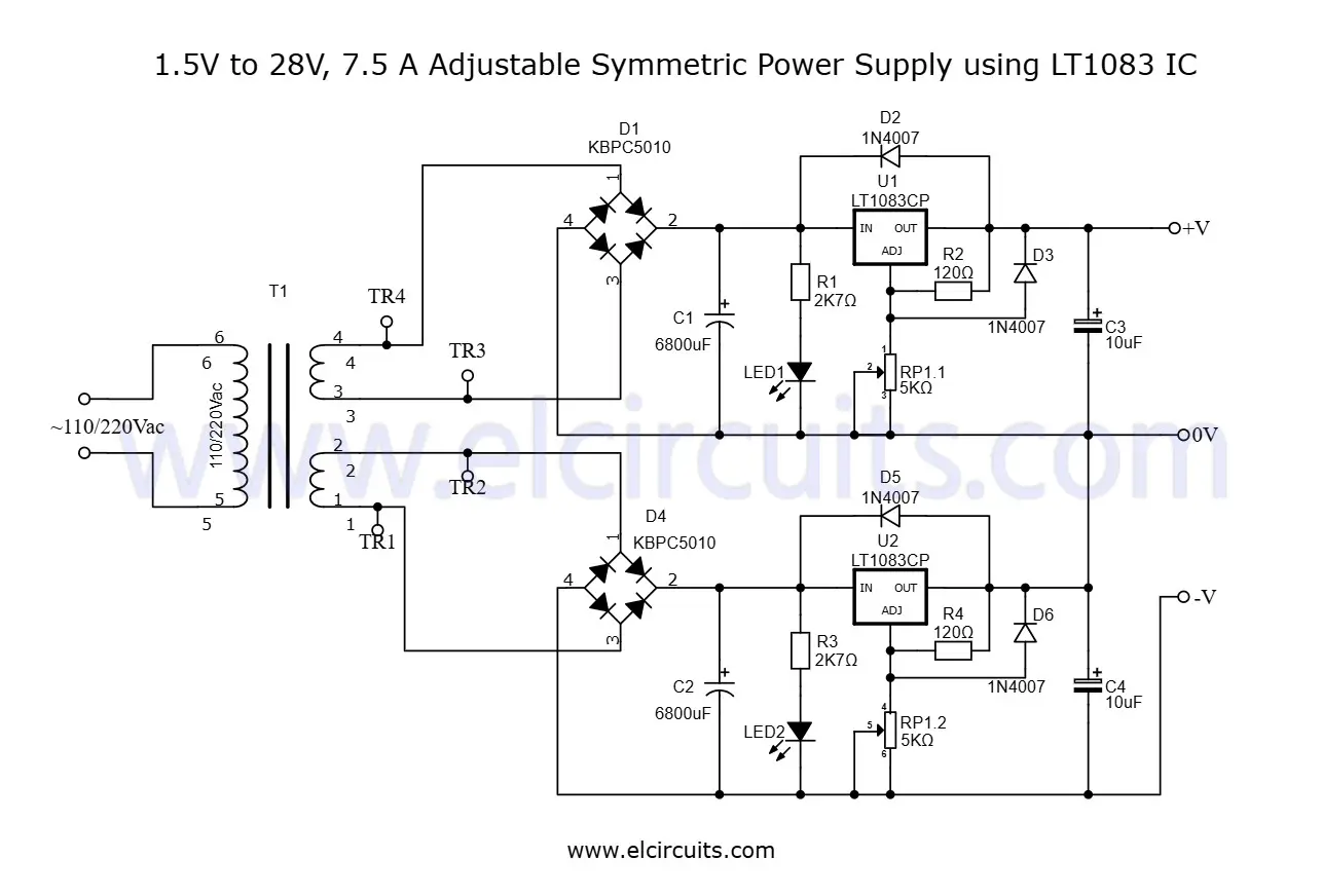 Fig. 3 - Schematic Diagram 1.5V to 28V, 7.5 Amps Adjustable Symmetric Power Supply using IC LT1083